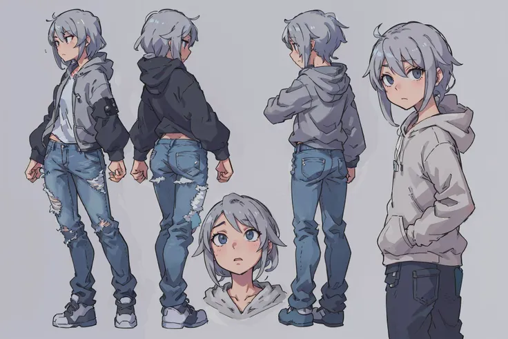(best quality:0.8) perfect anime (character reference:1.2) illustration, gray hoodie, jeans, street clothes, concept art, multiple angles