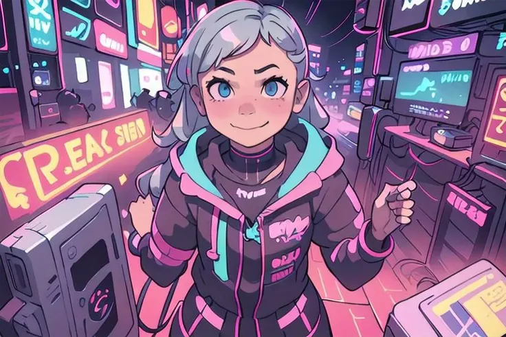 {{{masterpieces}}}, perfect anatomy, whole figure, 1girl, hair (tied in cute braid, blonde), pretty face (tonde), large breast (size D), happy, smile, cyberpunk outfit (skirt, fishnet stockings, cute hoodie, earphones), rain, relax, cute eyes (blue iries).
Cyberpunk alley,night scene, hard surface objects, defined shape, pop art, rtx, 8 k, ray tracing, highly detailed, neon aesthetic inkpunkHeavy768, f/1.4, close up film photo, atmospheric lighting, cinematic composition, detailed, filmgenre