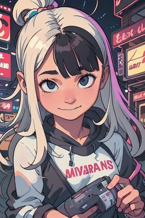 {{{masterpieces}}}, perfect anatomy, whole figure, 1girl, blonde hair (tied in braid), pretty face (tonde), large breast (size D), happy, smile, cyberpunk outfit (skirt, fishnet stockings, cute hoodie, earphones), rain, relax.
Cyberpunk alley,night scene, hard surface objects, defined shape, pop art, rtx, 8 k, ray tracing, highly detailed, neon aesthetic inkpunkHeavy768, f/1.4, close up film photo, atmospheric lighting, cinematic composition, detailed, filmgenre