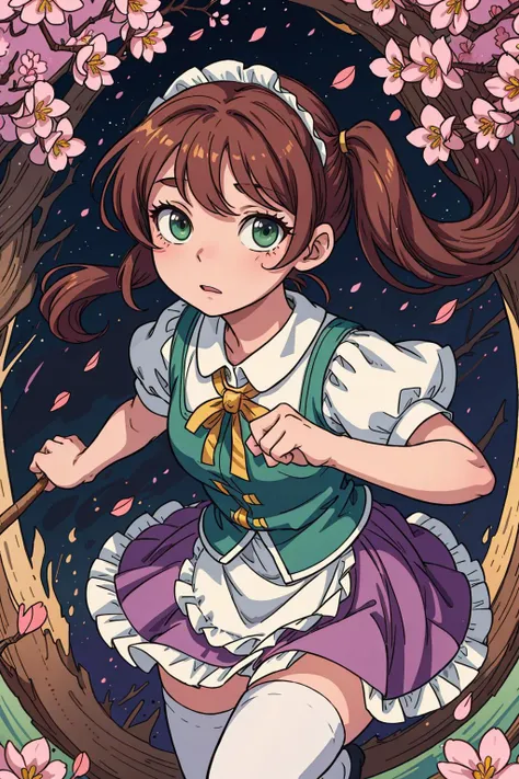((best quality, masterpiece)), ((style-swirlmagic):0.3),
1girl, maid, brown twintails, green eyes,cherry blossoms, sunbeam,(white thighhighs,:1.1)
<lora:more_details:0.5> ,