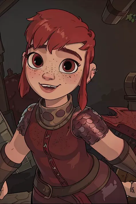 masterpiece, best quality, photorealistic, Nimona, red hair, red hair, freckles, leather armor, cute, joyful