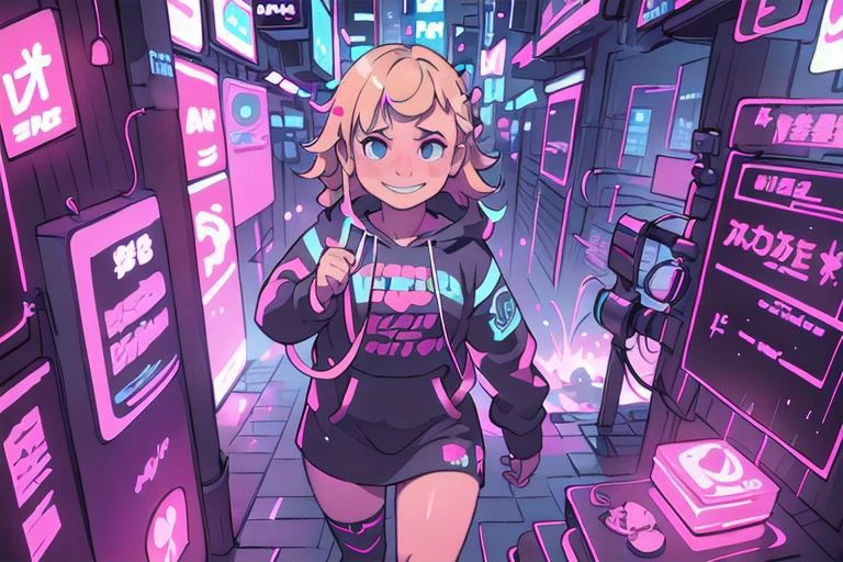 {{{masterpieces}}}, perfect anatomy, whole figure, 1girl, hair (tied in cute braid, blonde), pretty face (tonde), large breast (size D), happy, smile, cyberpunk outfit (skirt, fishnet stockings, cute hoodie, earphones), rain, relax, cute eyes (blue iries).
Cyberpunk alley,night scene, hard surface objects, defined shape, pop art, rtx, 8 k, ray tracing, highly detailed, neon aesthetic inkpunkHeavy768, f/1.4, close up film photo, atmospheric lighting, cinematic composition, detailed, filmgenre