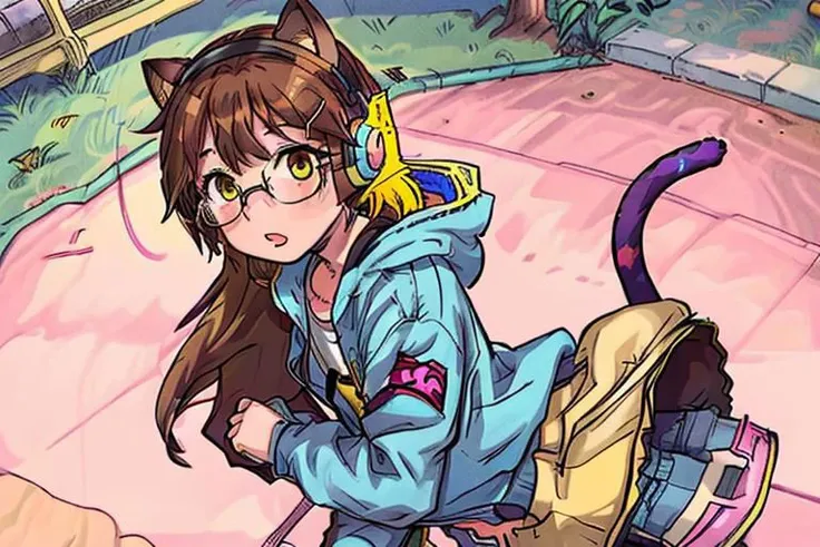brown hair, yellow eyes, female, glasses, cat ears, cat tail, blue jacket, pink crop top, jeans, headphones, playing a guitar, with friends