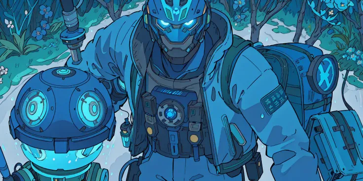 solo, (bright blue mechanical rabbit android wearing a small brown leather backpack looking at a map hiking through a forest), mecha, automaton, creature, plant sprout, blossoms, raindrops, spring, magic, (close up), advntr, fantasy video game character concept art, (perfect lighting, shadows), sharp focus, 8k high definition, insanely detailed, intricate, masterpiece, highest quality