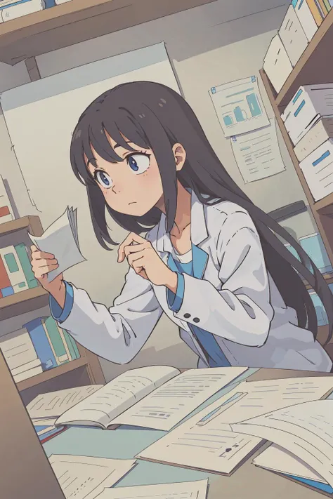 (best-quality:0.8), (best-quality:0.8), perfect anime illustration, she is covered in her research, papers everywhere