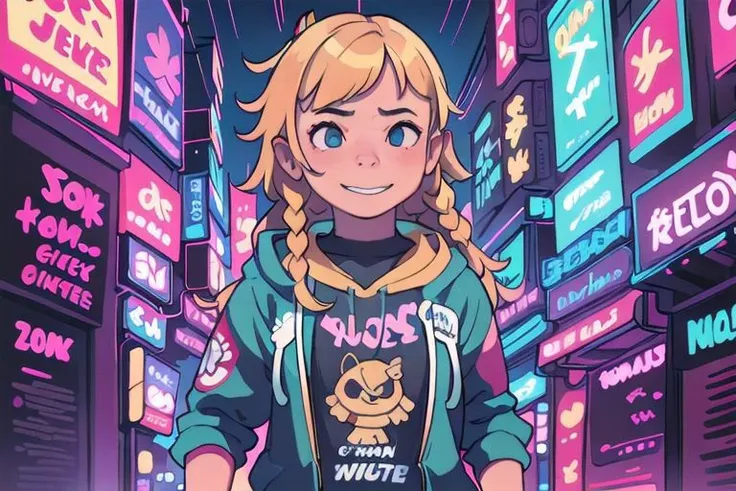 {{{masterpieces}}}, perfect anatomy, whole figure, 1girl, hair (tied in cute braid, blonde), pretty face (tonde), large breast (size D), happy, smile, cyberpunk outfit (skirt, fishnet stockings, cute hoodie, earphones), rain, relax, cute eyes (blue iries).
Cyberpunk alley,night scene, hard surface objects, defined shape, pop art, rtx, 8 k, ray tracing, highly detailed, neon aesthetic inkpunkHeavy768, f/1.4, close up film photo, atmospheric lighting, cinematic composition, detailed, filmgenre