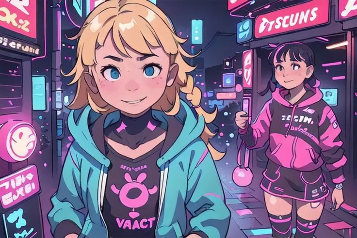 {{{masterpieces}}}, perfect anatomy, whole figure, 1girl, hair (tied in cute braid, blonde), pretty face (tonde), large breast (size D), happy, smile, cyberpunk outfit (skirt, fishnet stockings, cute hoodie, earphones), rain, relax, cute eyes (blue iries).
Cyberpunk alley,night scene, hard surface objects, defined shape, pop art, rtx, 8 k, ray tracing, highly detailed, neon aesthetic inkpunkHeavy768, f/1.4, close up film photo, atmospheric lighting, cinematic composition, detailed, filmgenre