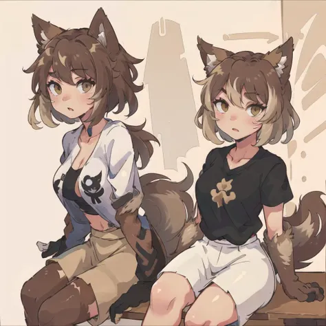 1girl, solo, solo focus, werewolf, werewolf costume, masterpiece, short hair, brown hair, brown fur, body fur, upper body, looking at viewer, crossed_legs, plants, daytime, korean streetwear, cafe, sitting at a table, casual style, black shirt, beige skirt, casual wear, people in background, highly-detailed, dynamic pose, <lora:Werewolf_V6:0.7>