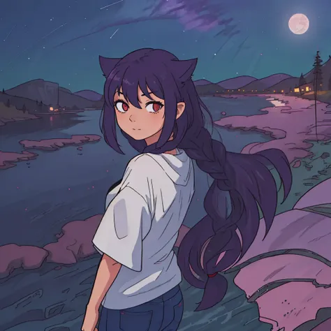 ((masterpiece, best quality)), <lora:jahy:0.7>, jahyyoung, purple short hair, red eyes, purple cat ears, oversized clothes, jeans, focus on back, head pointed up, night sky, stars, moon, polar lights, windy, hair on wind, Acadia National Park, detailed scenery, mountains, river, reflections in river, forest