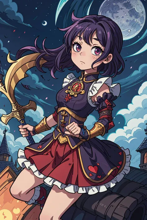 ((best quality, masterpiece)), ((style-swirlmagic):0.3),
chibi:1.1, 1girl, power pose, black and red gothic (((kawaii))) armor, frills, white messy hair, sword, outdoor, night, moonlight, clouds on background, ((full moon ):1.1), medieval, castle on background,
<lora:more_details:0.5> ,