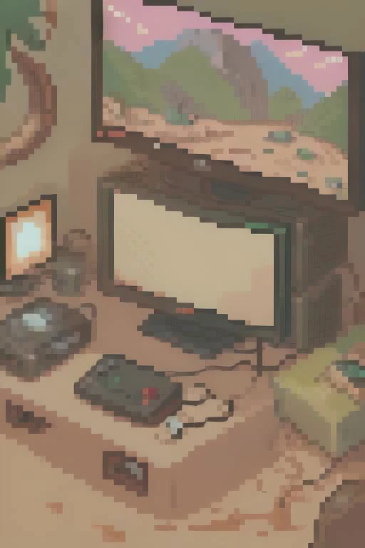No people, a monitor, a desert behind the monitor, a forest in the monitor, Pixel art