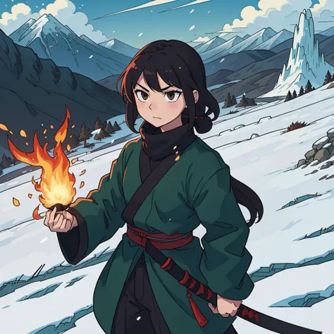 (best-quality:0.8), perfect anime illustration, snowy mountains in background, green red and black samurai, with katana on fire