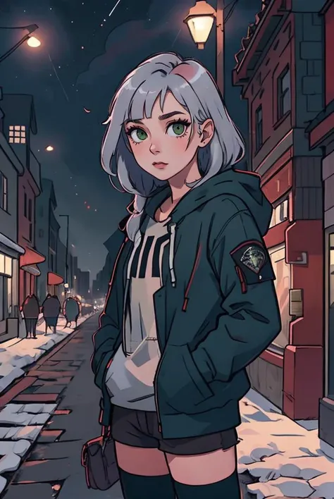 (masterpiece, best quality, high quality, highres, ultra-detailed), city, scenery, night, building, sign, cityscape, pantyhose, skyscraper, street lights,
solo, 1girl, snake eyes, green eyes, hood, long hair, white hair, looking at viewer, outdoors, hood down, hands in pockets, thighhighs, bangs, long sleeves, jacket, black thighhighs,
<lyco:NijiJourney-LyCoris-V6:0.8>, AS-Adult, Asian-Less, OverallDetail, SkinHairDetail, <lora:slit-pupils:1>,