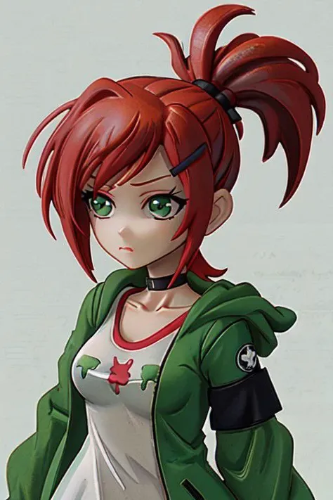 [Chibi], Green jacket,   baggy shirt, loose clothes, ponytail, Red hair, choker, hairclip, black choker,  , Frankie Foster,  , upper body, no bra, close up,