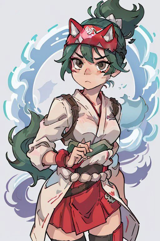 character: kiriko \(overwatch\), <lora:akai_v2:.6>, green hair, brown eyes, ponytail, facial mark, fox mask, half mask, cowboy_shot, BREAK, clothing: white kimono, red skirt, BREAK, quality: best quality, best aesthetic, instagram, intricate details,