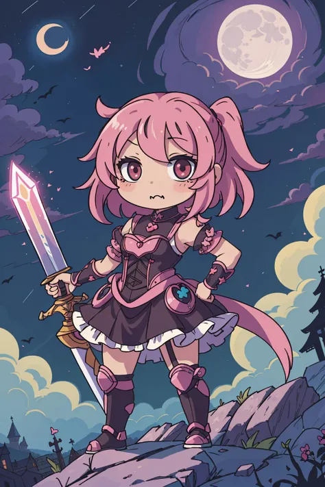 ((best quality, masterpiece)),
(chibi:1.5), 1girl, power pose, black and pink gothic ((kawaii)) armor, frills, pink messy hair, sword, outdoor, night, moonlight, clouds on background, ((full moon ):1.1), medieval, castle on background,