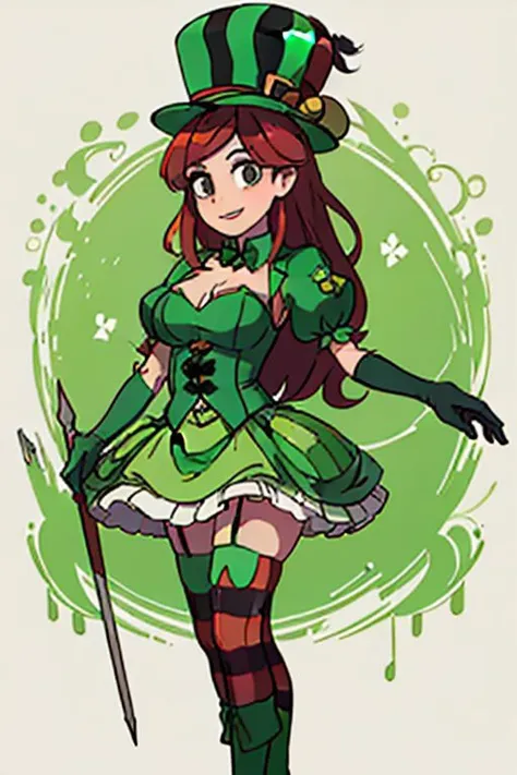 ((masterpiece,best quality,edgQuality)),(smile),1girl,solo,standing,posing,
edgShamrock,green dress, long hair, breasts, skirt, thighhighs, gloves, hat, cleavage, medium breasts, red hair, boots, shoes,striped, puffy sleeves, high heels, striped thighhighs, top hat, clover print, green footwear , wearing edgShamrock