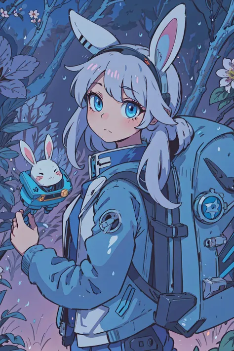 (best-quality:0.8), perfect anime illustration, 1girl, solo, long white hair, cyborg, (bunny ears, goggles on head, blue jacket, wearing a small backpack, hiking through a forest), mecha, automaton, creature, plant sprout, blossoms, raindrops, spring, magic, (close up), advntr