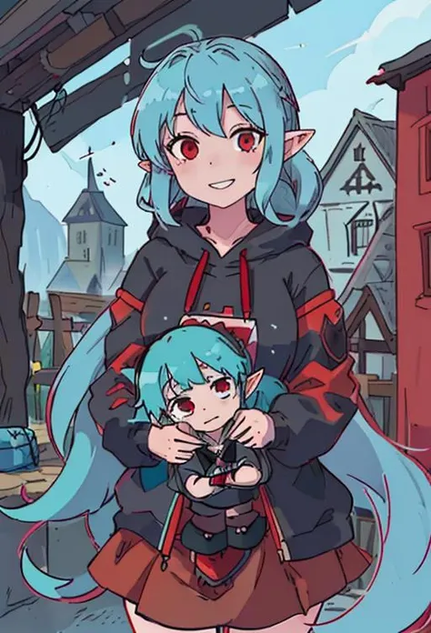 (best quality:0.8) perfect anime illustration. logic construction.
1girl, turquoise hair, red eyes,long elf ears, pale skin, thin girl.
happy, smile,teeth,(big black_hoodie), dark red skirt,
inside medieval house,