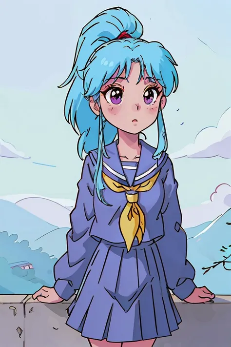 (masterpiece, best quality), 1girl,  <lora:YuYu_botan_v10:1> yuyubotan, serafuku, pleated skirt, long_sleeves, yellow neckerchief, blue hair, long_hair, ponytail, purple_eyes,