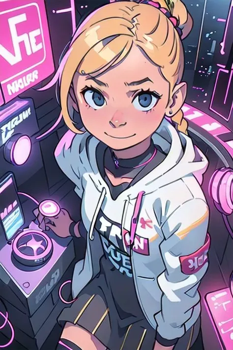 {{{masterpieces}}}, perfect anatomy, whole figure, 1girl, hair (tied in cute braid, blonde), pretty face (tonde), large breast (size D), happy, smile, cyberpunk outfit (skirt, fishnet stockings, cute hoodie, earphones), rain, relax, cute eyes (blue iries).
Cyberpunk alley,night scene, hard surface objects, defined shape, pop art, rtx, 8 k, ray tracing, highly detailed, neon aesthetic inkpunkHeavy768, f/1.4, close up film photo, atmospheric lighting, cinematic composition, detailed, filmgenre
