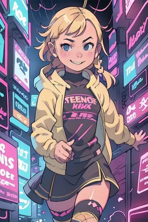 {{{masterpieces}}}, perfect anatomy, whole figure, 1girl, hair (tied in braid, blonde), pretty face (tonde), large breast (size D), happy, smile, cyberpunk outfit (skirt, fishnet stockings, cute hoodie, earphones), rain, relax.
Cyberpunk alley,night scene, hard surface objects, defined shape, pop art, rtx, 8 k, ray tracing, highly detailed, neon aesthetic inkpunkHeavy768, f/1.4, close up film photo, atmospheric lighting, cinematic composition, detailed, filmgenre