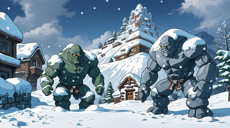 <lora:golem:0.4> stone golem in a snowy mountain village, (best-quality:0.8), perfect anime illustration