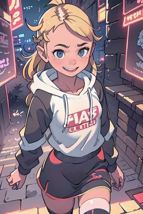 {{{masterpieces}}}, perfect anatomy, whole figure, 1girl, hair (tied in braid, blonde), pretty face (tonde), large breast (size D), happy, smile, cyberpunk outfit (skirt, fishnet stockings, cute hoodie, earphones), rain, relax.
Cyberpunk alley,night scene, hard surface objects, defined shape, pop art, rtx, 8 k, ray tracing, highly detailed, neon aesthetic inkpunkHeavy768, f/1.4, close up film photo, atmospheric lighting, cinematic composition, detailed, filmgenre