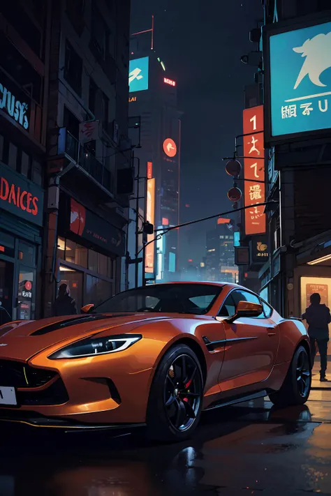 (best-quality:0.8), (best-quality:0.8), perfect anime illustration,, hyper realistic, metal, sharp, professional photo of a Aston Martin One-77, conventional wheels, driving, regular hood, regular car parts, front headlights, real life, realistic scenario, (night), natural light, cyberpunk, futuristic city, cyberpunk city, neon signs, highly detailed, (highly detailed background), multiple buildings in the background, detailed textures, wide angle, 8k, HDR, professional photoshoot, high quality photo, realistic photo, realistic shadows, detailed shadows, realistic proportions, film grain, raw photo, <lora:LowRA:0.15>