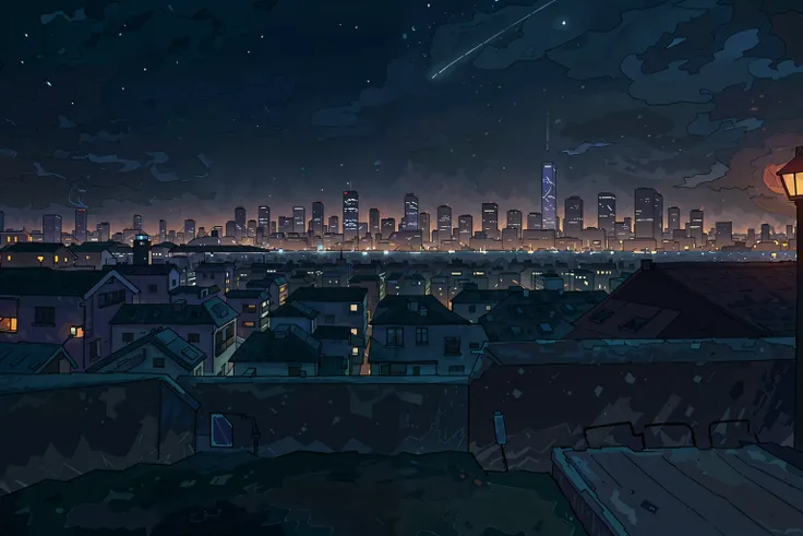 (best quality, high quality:1.4), best illustration, volumetric lighting, city skyline, night