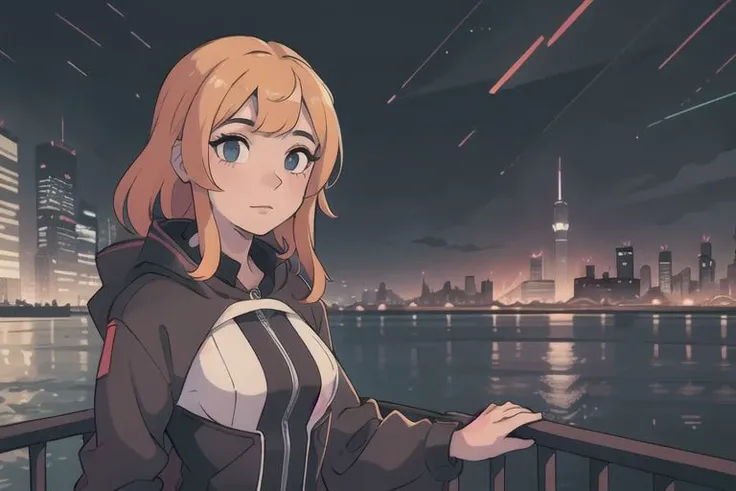 {{{masterpieces}}}, perfect anatomy, whole figure, 1girl, cyberpunk outfit, vaporwave aestetich, cyberpunk night city landscape, rain, relax