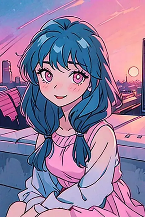 beautiful lady, (freckles:0.1) fine heavy grain, big smile, dark makeup, hyperdetailed photography, soft light, head and shoulders portrait, cover, 80's anime big eyes, blue hair , sitting on the rooftop, pink sunset  , 80's hair anime style