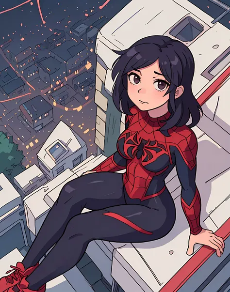 (best quality:0.8) perfect anime illustration, a pretty, a sweet women spider-women, leggings, sitting on the very high roof, city below