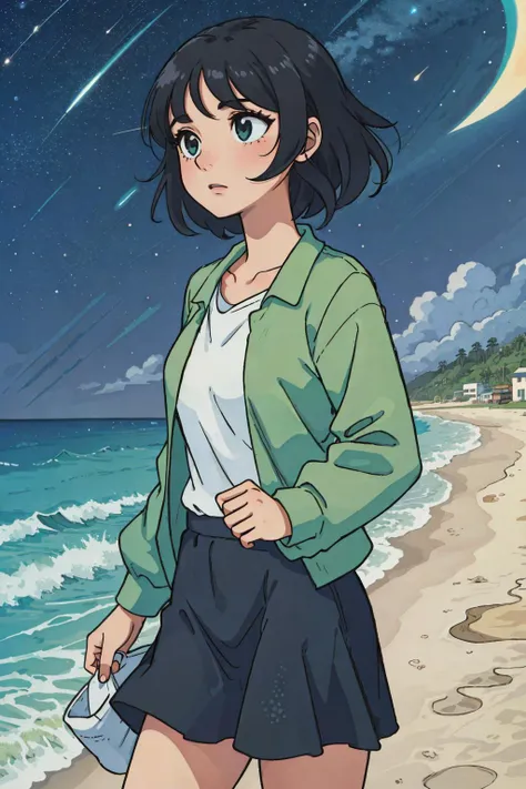 girl green shirt black hair walking beach night sky (stars:0.7) hair