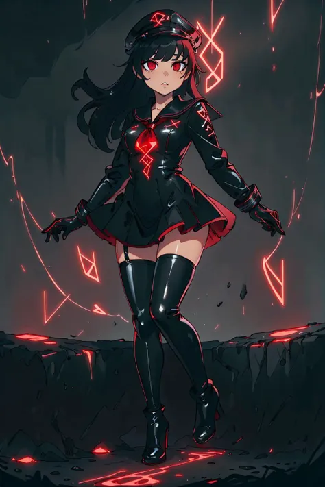 ((masterpiece)), (best quality),official art, extremely detailed CG unity 8k wallpaper, highly detailed, Depth of field, vivid color, detailed background, best illumination,ultra detailed, (photorealistic:1.4), perfect lighting, detailed face and eyes, sharp focus,
1girl, solo, red eyes, black thighhighs, black legwear, long hair, black hair, straight hair, thigh boots, high heel boots, ((latex:2, shiny sissy luxury latex dress for doll)), ((black serafuku, latex serafuku)), (latex gloves, latex legwear, latex boots, latex skirt), breasts, school uniform, black sailor collar, long sleeves, peaked cap, latex pleated skirt, looking at viewer,full body, outdoor,
(glowingrunes_red:1.2),
<lora:GlowingRunesAIv4:1>