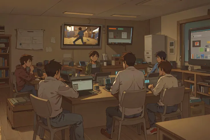 (best-quality:0.8),
(best-quality:0.8), perfect anime illustration, researchers chatting in a room with computers, confusion