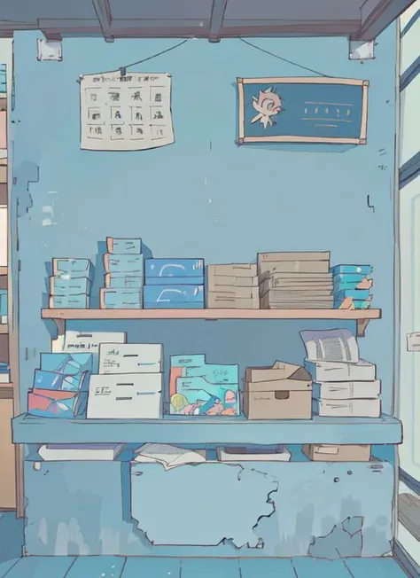 (best-quality:0.8), (best-quality:0.8), no humans, no animals, broken introspective perfect anime illustration, front view, a big shelf with pin board with labels,  few  carton boxes neon <lora:neon:.5> <lora:Walden_Blue:.6>