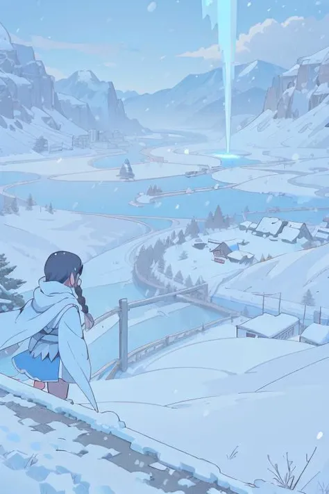 (best-quality:0.8), perfect anime illustration, frozen landscape, figure looking down upon snow-covered town in valley, frozen breath, extremely detailed