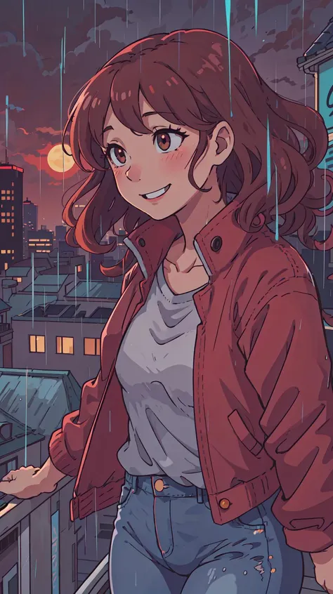 (best-quality:0.8), (best-quality:0.8), perfect anime illustration, closeup portrait of a pretty girl staying at the rooftop, (curvy, wide hips:0.8), wet, rain, light blush, (very curly:1.2) brown medium hair, 25 years old, colorful, casual clothes, smiling, looks away, high contrast, high saturation, cozy night city landscape background, cute red jacket, blue jeans