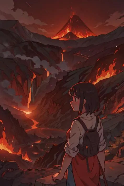 (best-quality:0.8), perfect anime illustration, volcanic landscape, figure looking down upon magma-covered town in valley, steamy breath, extremely detailed