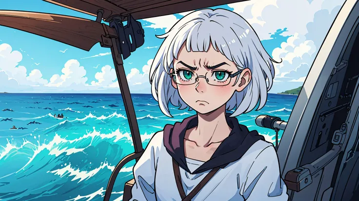 perfect anime illustration, extreme fullbody portrait, a solo girl, ((short white hair)), a square hairstyle, green eyes, glasses, annoyed, upset, tall, skinny, ultra-detailed eyes, (Delicate eyes), a boat in the ocean