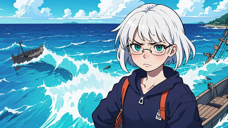 perfect anime illustration, extreme fullbody portrait, a solo girl, ((short white hair)), a square hairstyle, green eyes, glasses, annoyed, upset, tall, skinny, ultra-detailed eyes, (Delicate eyes), a boat in the ocean