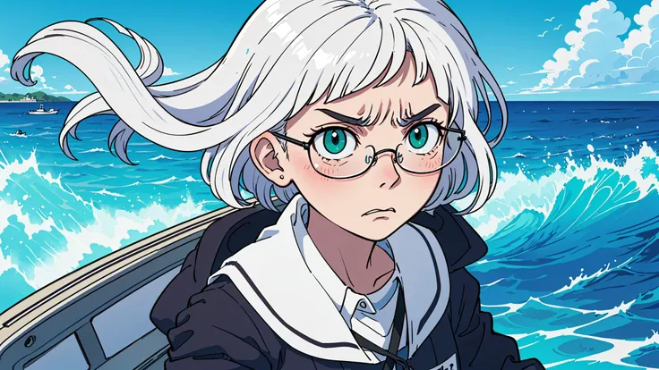 perfect anime illustration, extreme fullbody portrait, a solo girl, ((short white hair)), a square hairstyle, green eyes, glasses, annoyed, upset, tall, skinny, ultra-detailed eyes, (Delicate eyes), a boat in the ocean