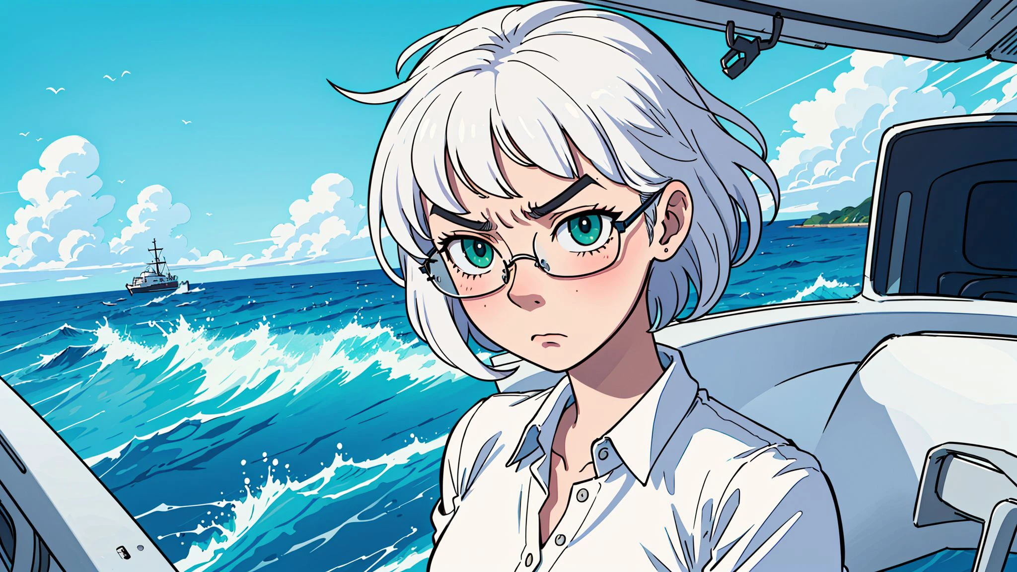 perfect anime illustration, extreme fullbody portrait, a solo girl, ((short white hair)), a square hairstyle, green eyes, glasses, annoyed, upset, tall, skinny, ultra-detailed eyes, (Delicate eyes), a boat in the ocean