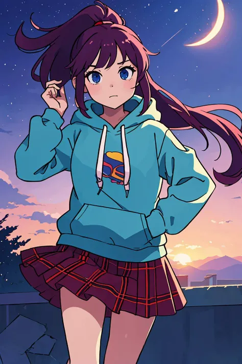 perfect anime illustration,
young female, student, long ponytail,
oversize hoodie, plaid skirt,
dawn,
ultra high res,