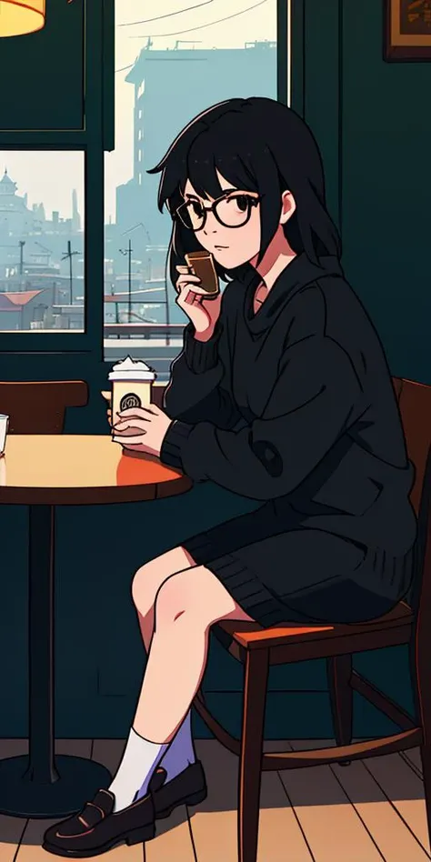 Cute girl in sweater black hair black wayfarer glasses sitting inside cafe drinking coffee with background by greg rutkowski makoto shinkai kyoto animation key art feminine mid shot