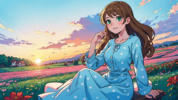 (best-quality:0.8), perfect anime illustration, ultra detailed, a European girl sits in the flower meadow , ultra detailed (green eyes), very long [brown|blonde|brown] curly hair, (fine face), detailed charming light blue cocktail dress with large white polka dots, sunrise, spring village, cinematic angle