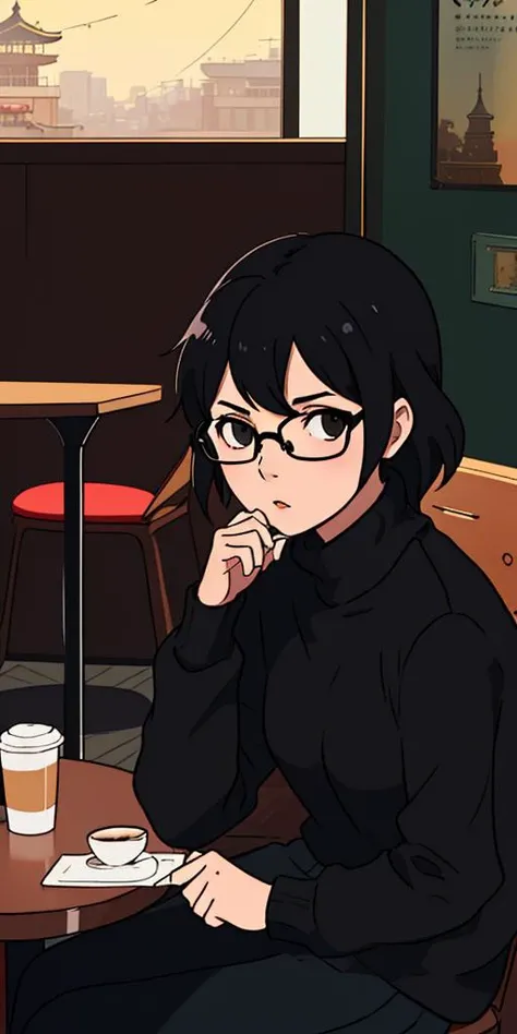 Cute girl in sweater black hair black wayfarer glasses sitting inside cafe drinking coffee with background by greg rutkowski makoto shinkai kyoto animation key art feminine mid shot