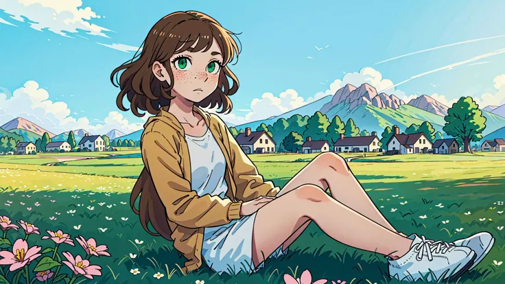 ultra detailed, a European girl sits in the flower meadow , (freckles), (green eyes), long [brown|blonde|brown] curly hair, (fine), spring village, spring clothes, cinematic angle, (best-quality:0.8), perfect anime illustration,