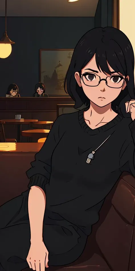 Cute girl in sweater black hair black wayfarer glasses sitting inside cafe drinking coffee with background by greg rutkowski makoto shinkai kyoto animation key art feminine mid shot